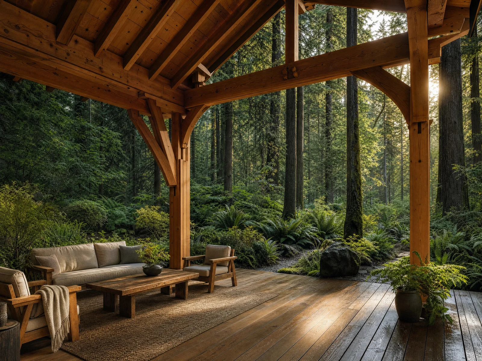 Illustrative concept: Cedar deck and covered outdoor dining space beside a Northwest home